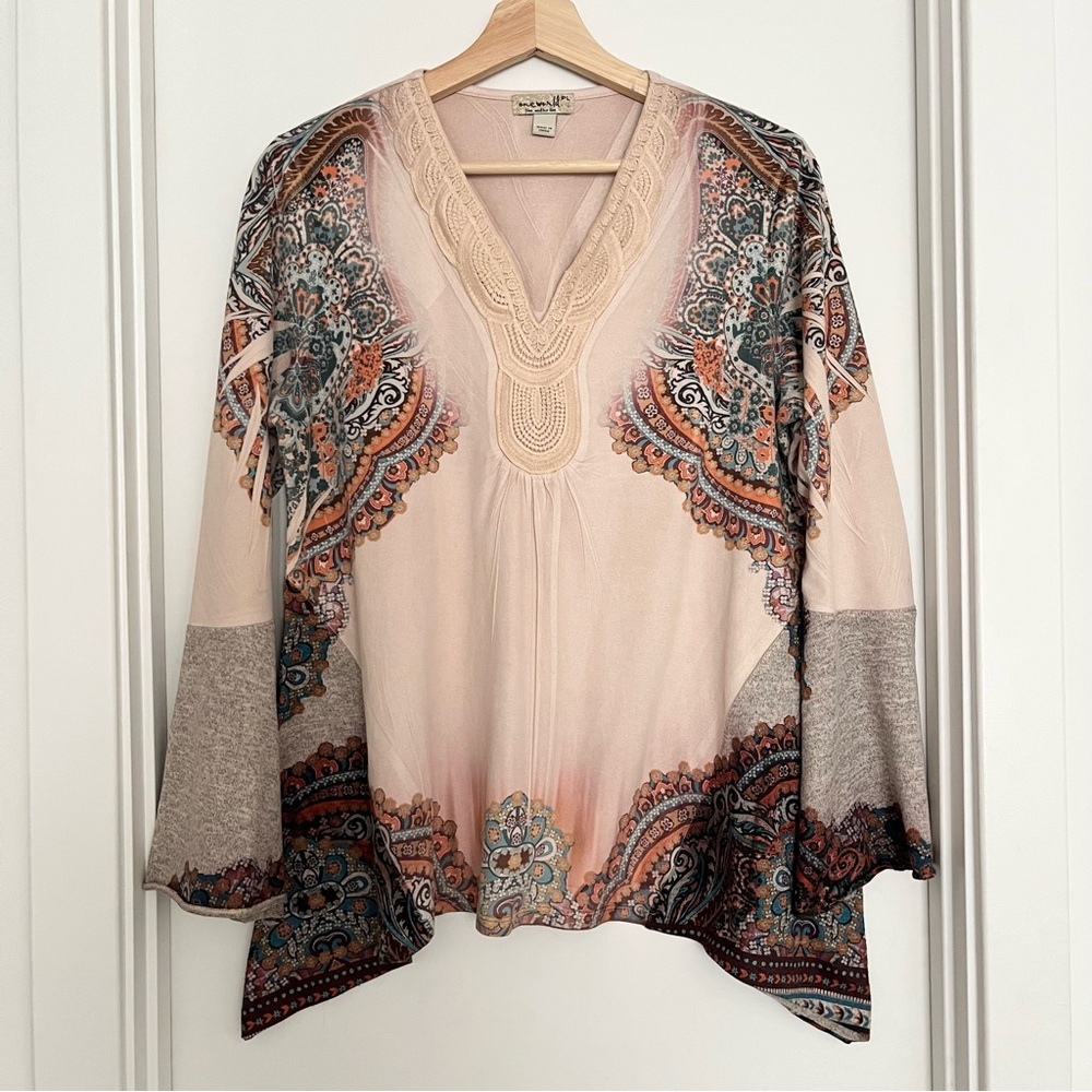 NWOT One World Women's Top L Petite Handkerchief Hem Boho Festival Southwest